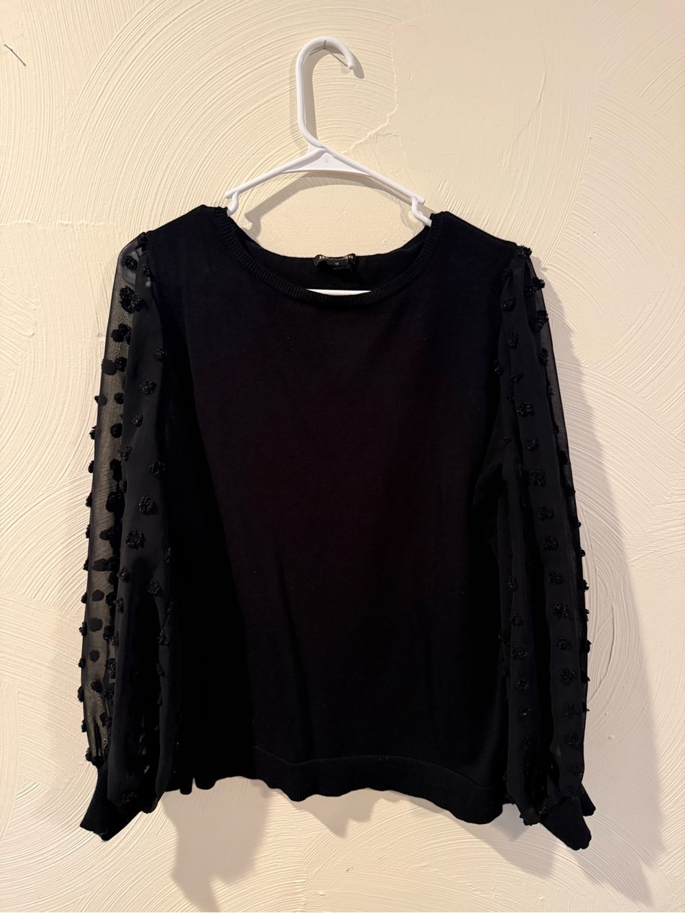 Black Women's Long Sleeve Knit Top with Sheer Pom-Puff Sleeves